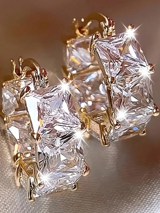 Luxe Gold Tone Cubic Zirconia Bling Huggies Hoop Earrings - Picture 5 of 5